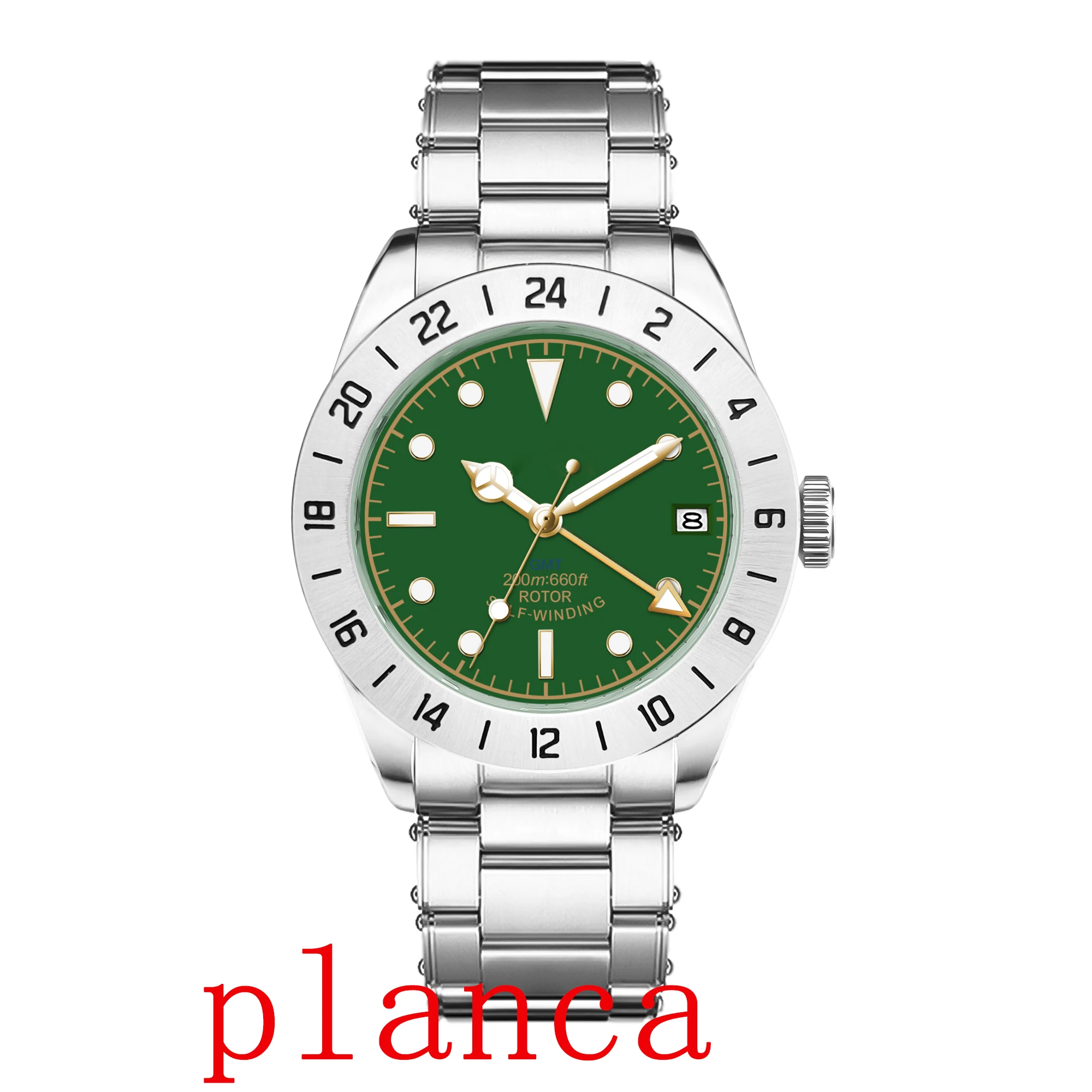 39mm カスタムロゴ NH34 GMT シルバー ステンレススチール腕時計（固定ベゼル、サファイアガラス付き）