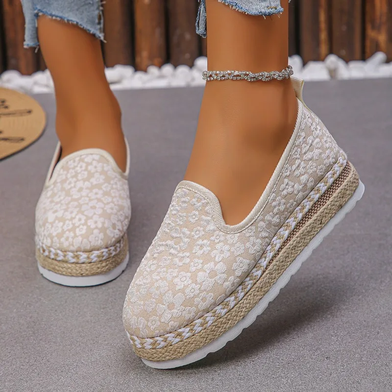

Elegent Flax Breathable Mesh Canvas Espadrille Flats Comfortable Women Elegent Weave Embroidery Pattern Designer Womens Shoes