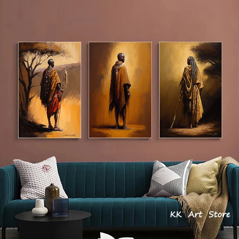 Vintage African Tribal Oil Painting Poster Chief Maasai Tribe Black Canvas Painting HD Print Wall Art Living Room Bedroom Decor