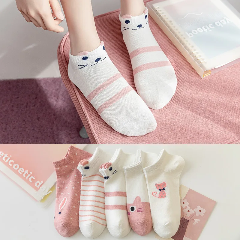 5 paia di calzini a tubo corto da donna Pink Cat Thin Four Seasons Cute Boat Sockslow Top Ins calzini alla moda