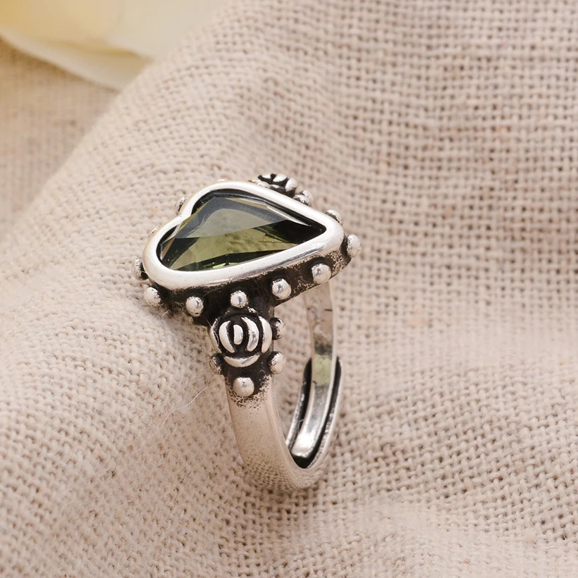 Romantic Love Heart Shiny Crystal Retro Thai Silver Female Ring Propose Jewellery Gifts No Fade