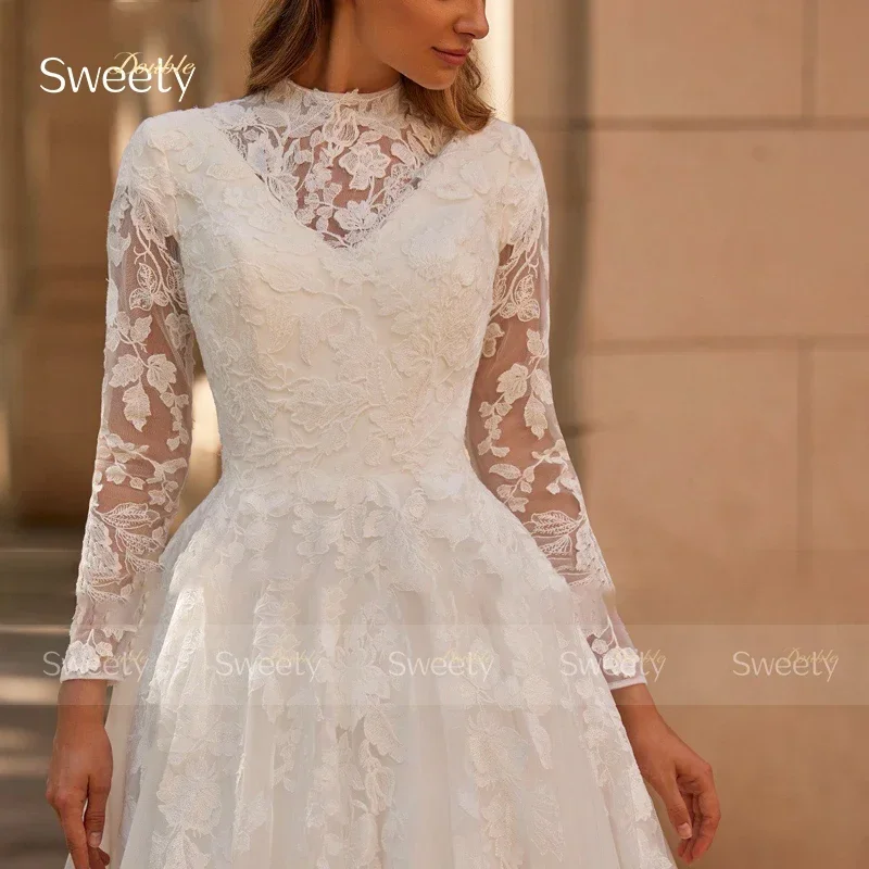 Luxury High-Neck Wedding Dress Organza With Embroidery Lace A-Line Ball Gown Full Sleeve Bride Dress Button Robe De Mariee Appli