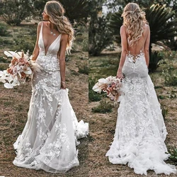 Vintage Mermaid Spaghetti Wedding Dress V-Neck 3D Flowers Appliques Boho Backless Bride Gown Sleeveless Train Robe Customized