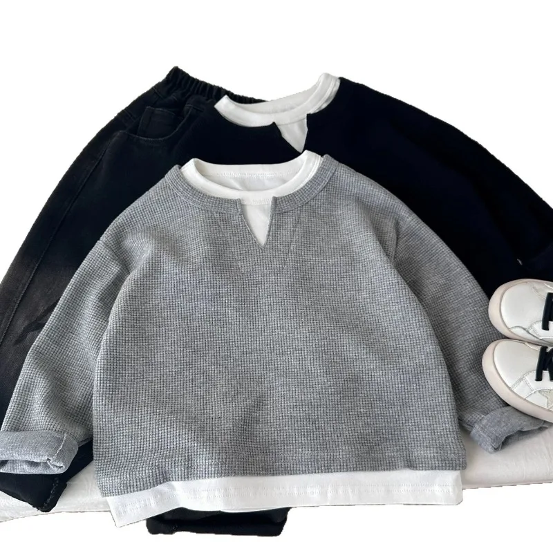 Children Boys Sweatshirt RAISE YOUNG Autumn 2026 Infant Babys Boys Pullovers Casual 1-10Yrs Kids Boys Waffle Fake Two Piece Tops view 5