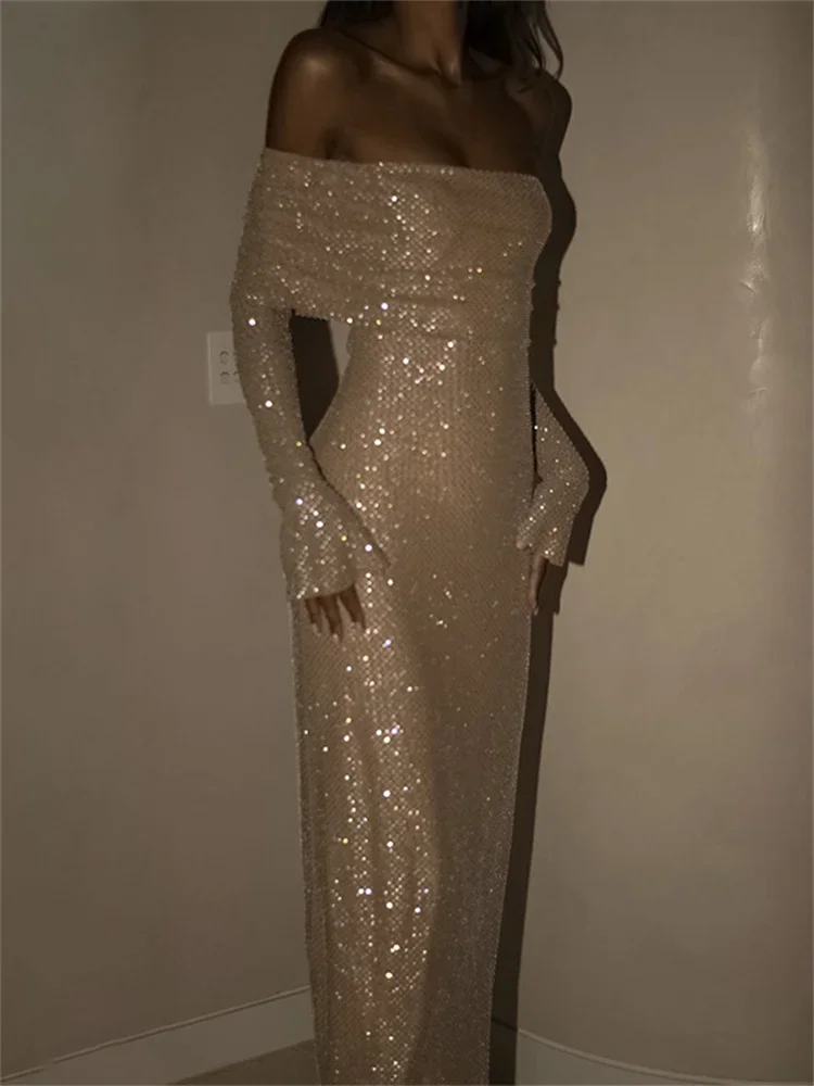 Vestido largo con hombros descubiertos para mujer, elegante, sedoso, impresionante, manga larga, cuello oblicuo, ceñido recto, ropa de noche femenina