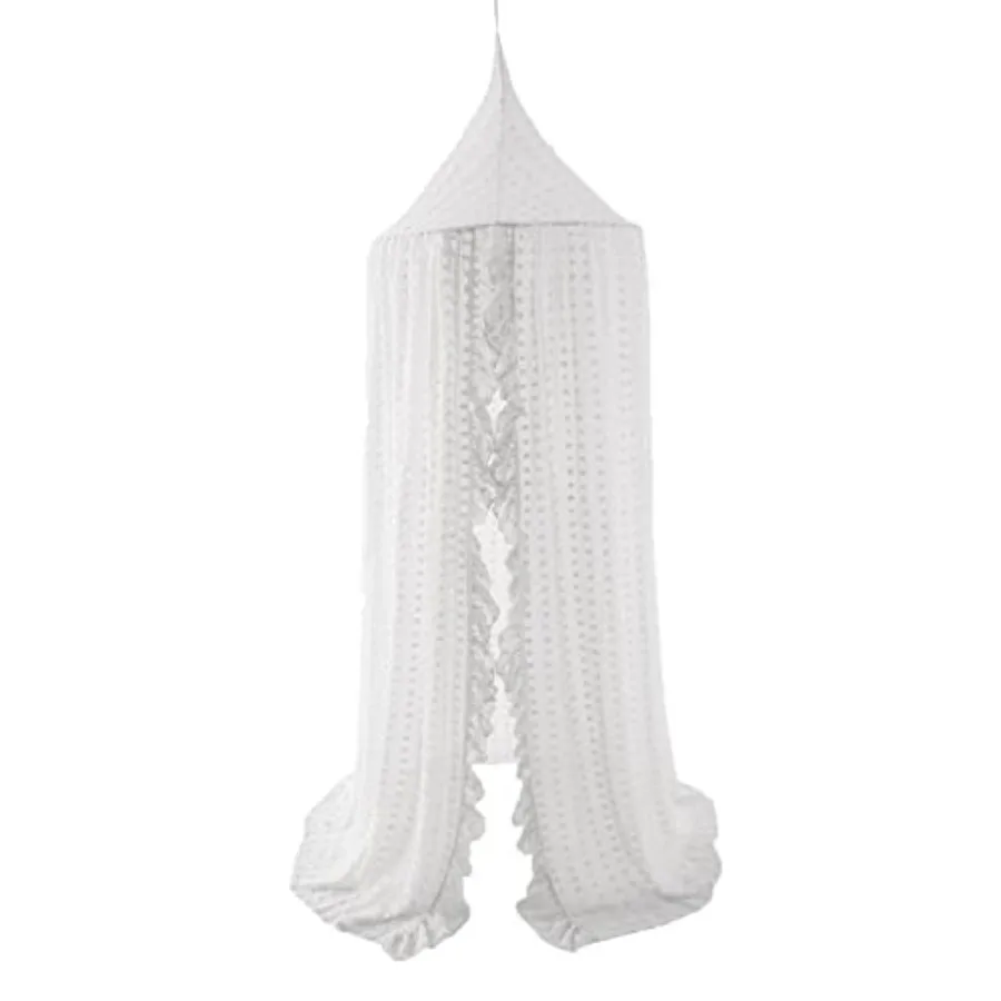 

Elegant Bed Canopy - Lace Chiffon Netting with Pom Pom, Princess Girls Fairy Dream Tent, Nursery Room Baby Crib Hanging Curtain