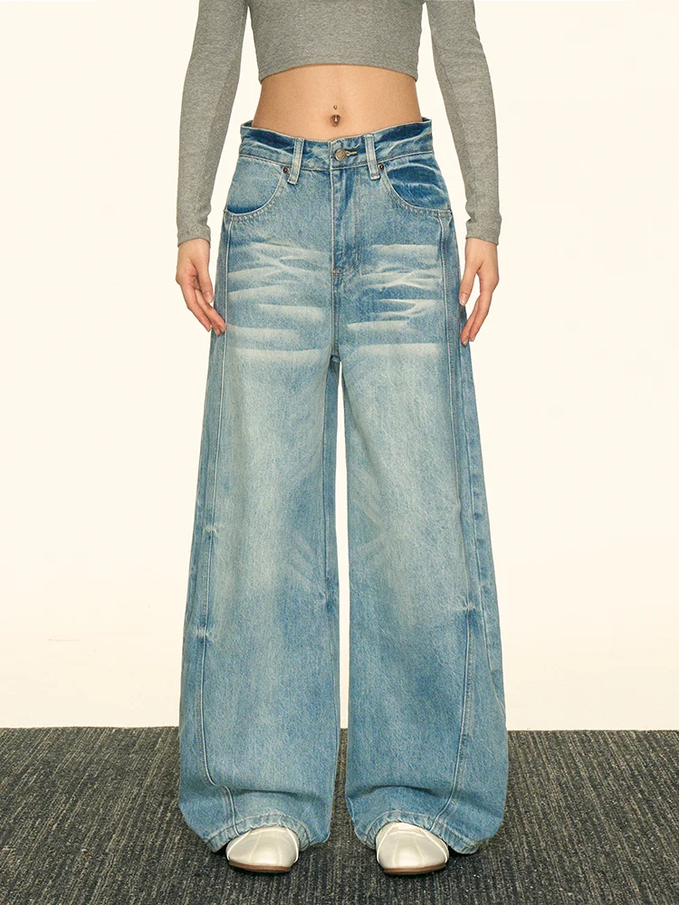 

Aaisup Голубые прямые джинсы с заниженной талией, женские утягивающие свободные широкие брюки с низкой талией, осенние новые винтажные брюки