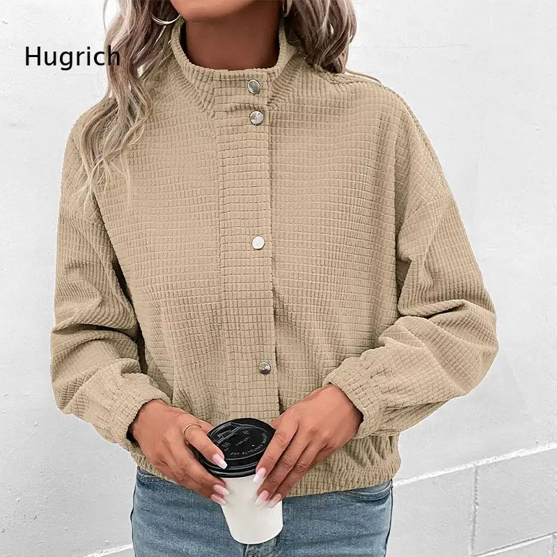 Women's Stand Collar Waffle Knit Zip Up Jacket, Casual Long Sleeve Textured Outerwear with Pockets for Fall Winter Daily Wear