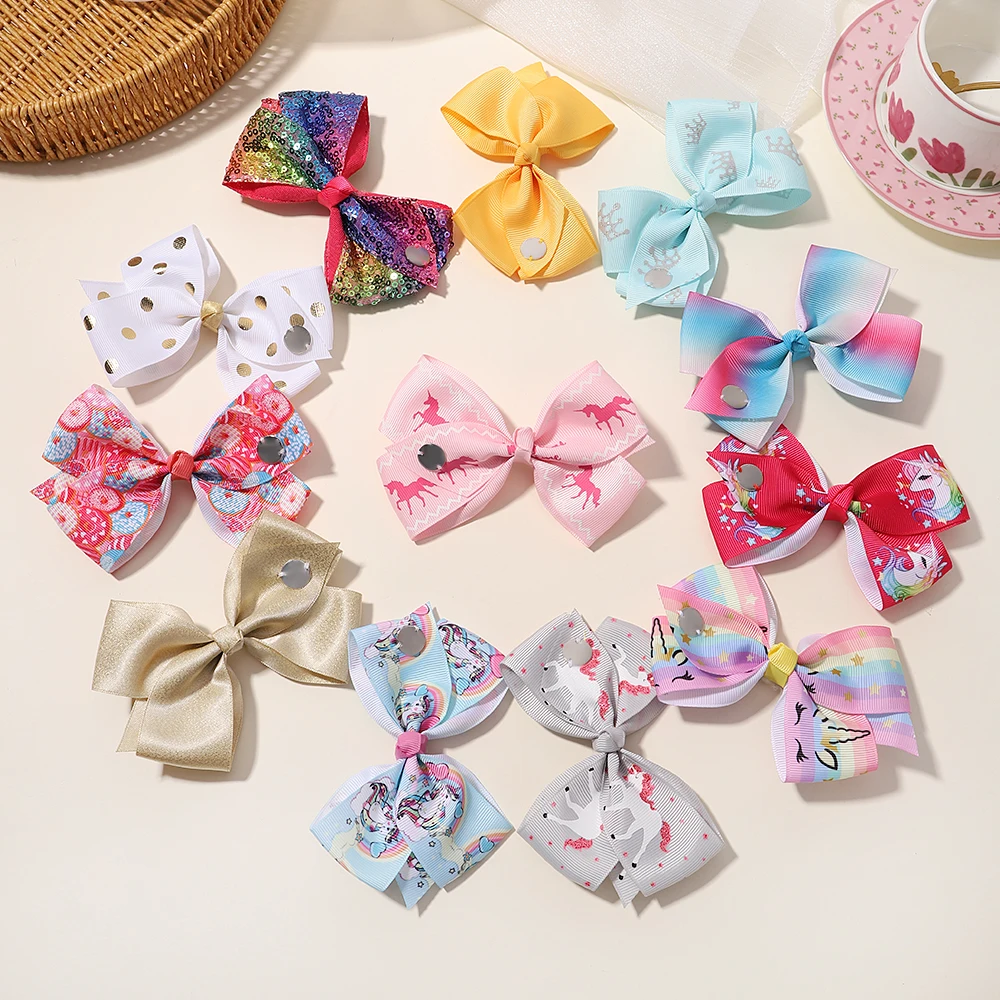 1pcs Unicorn Rainbow Print Hair Bows with Clip Baby Girls Ribbon Sequin Hair Clip Hairgrips Headwear Hair Accessories Wholesale