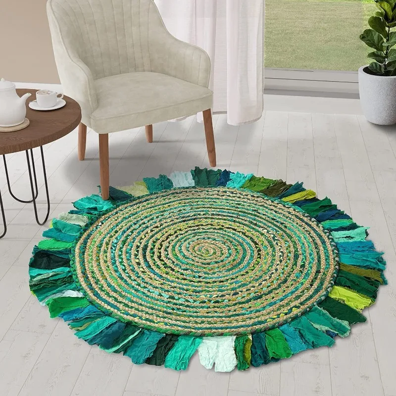 

Rug Cotton & Jute Round Reversible Tassel Carpet Handmade Modern Living Area Rug