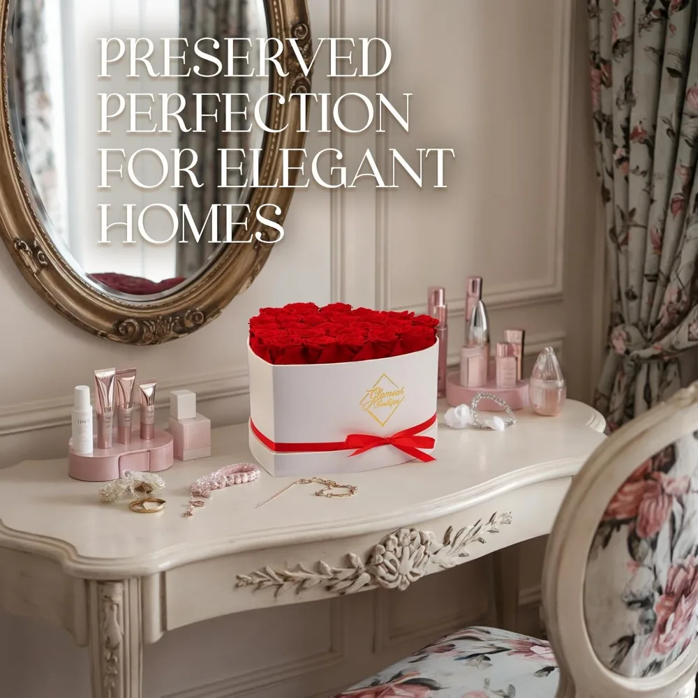 الورود المحفوظة في صندوق القلب - هدية الزهور الأبدية للنساء، عيد الميلاد، الذكرى السنوية - أحمر 27 قطعة #6