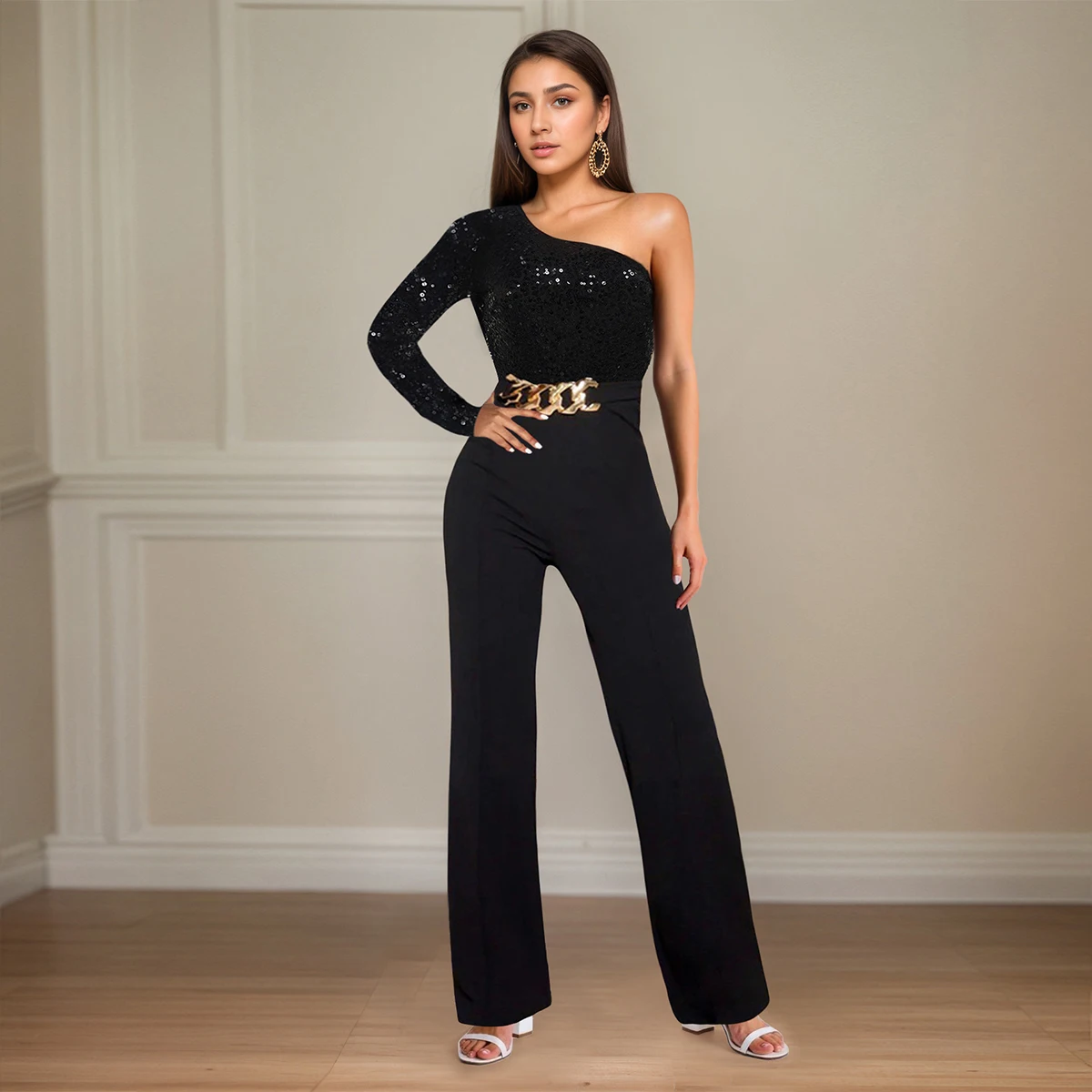 

Женский комбинезон с диагональными плечами и одним рукавом с пайетками, платье с тяжелым поясом, элегантное праздничное платье, банкетное платье