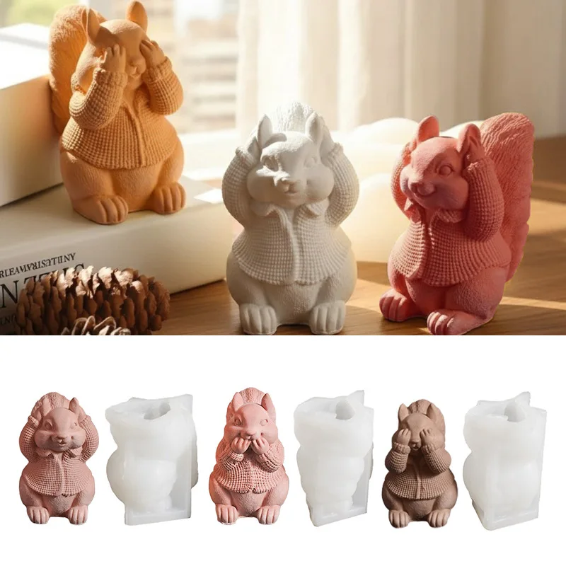 3D Weihnachten Eichhörnchen Kerze Form Siehe Keine Böse Hören Keine Böse Pullover Tier Statue Gips Silikon Form Hause Geschenk