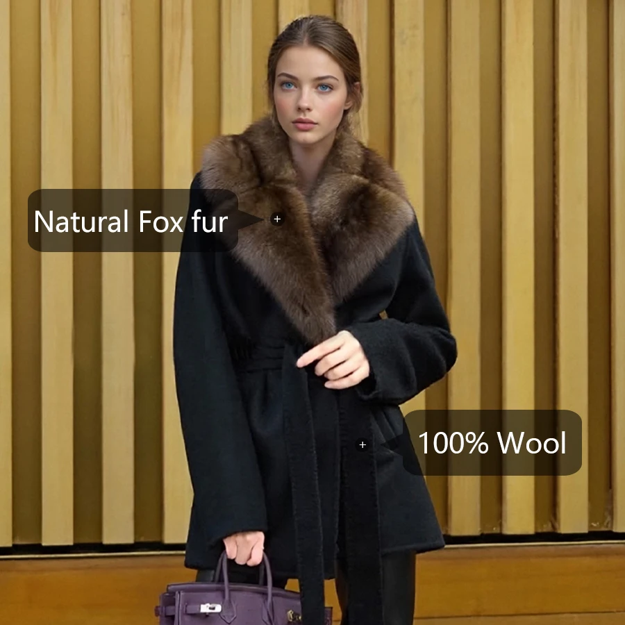 معطف قصير من صوف الكشمير الأسود مع ياقة فرو الثعلب سترة شتوية نسائية معطف فرو الثعلب الطبيعي سترة مزيج الصوف الأكثر مبيعًا