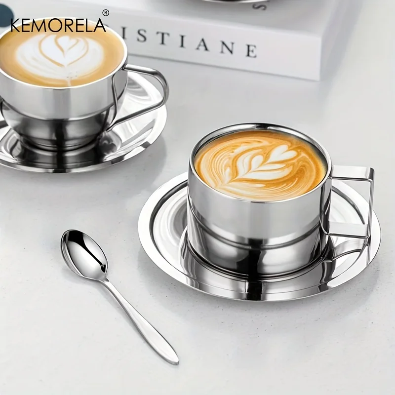 1 Stück Espressotassen aus Edelstahl, 200 ml, doppelwandige Tassen mit Untertassen und Löffel, Thermo-Kaffeetassen für Latte, Cappuccino, Tee