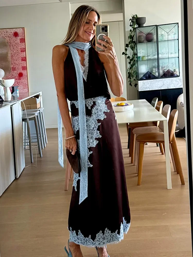 Elegante Conjunto de Encaje Azul con Parches, Conjunto Chic de Top Corto sin Mangas con Cordones y Falda Larga para Mujer, Ideal para Fiestas de Verano, Eventos Nocturnos y Bodas