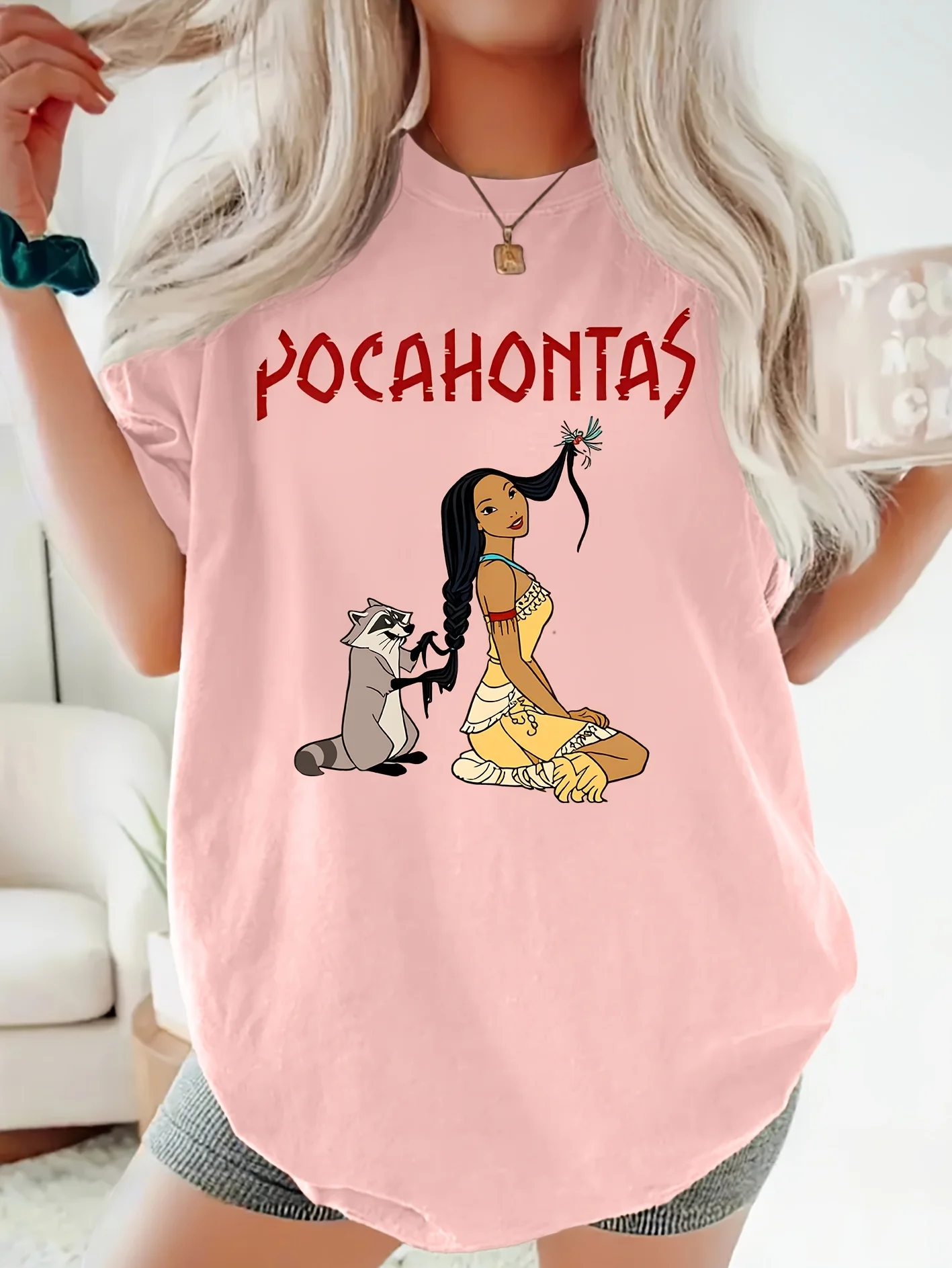تي شيرت نسائي بنمط ديزني ريترو بوكاهونتاس من القطن بأكمام قصيرة للجنسين ملابس الشارع كبيرة الحجم فضفاضة كاجوال أنيقة