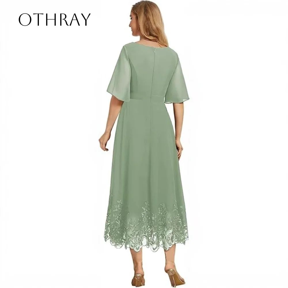 فساتين حفلات العودة للوطن من الشيفون والدانتيل على شكل حرف v وأكمام قصيرة منتفخة بطول الشاي مخصصة رداء السهرة