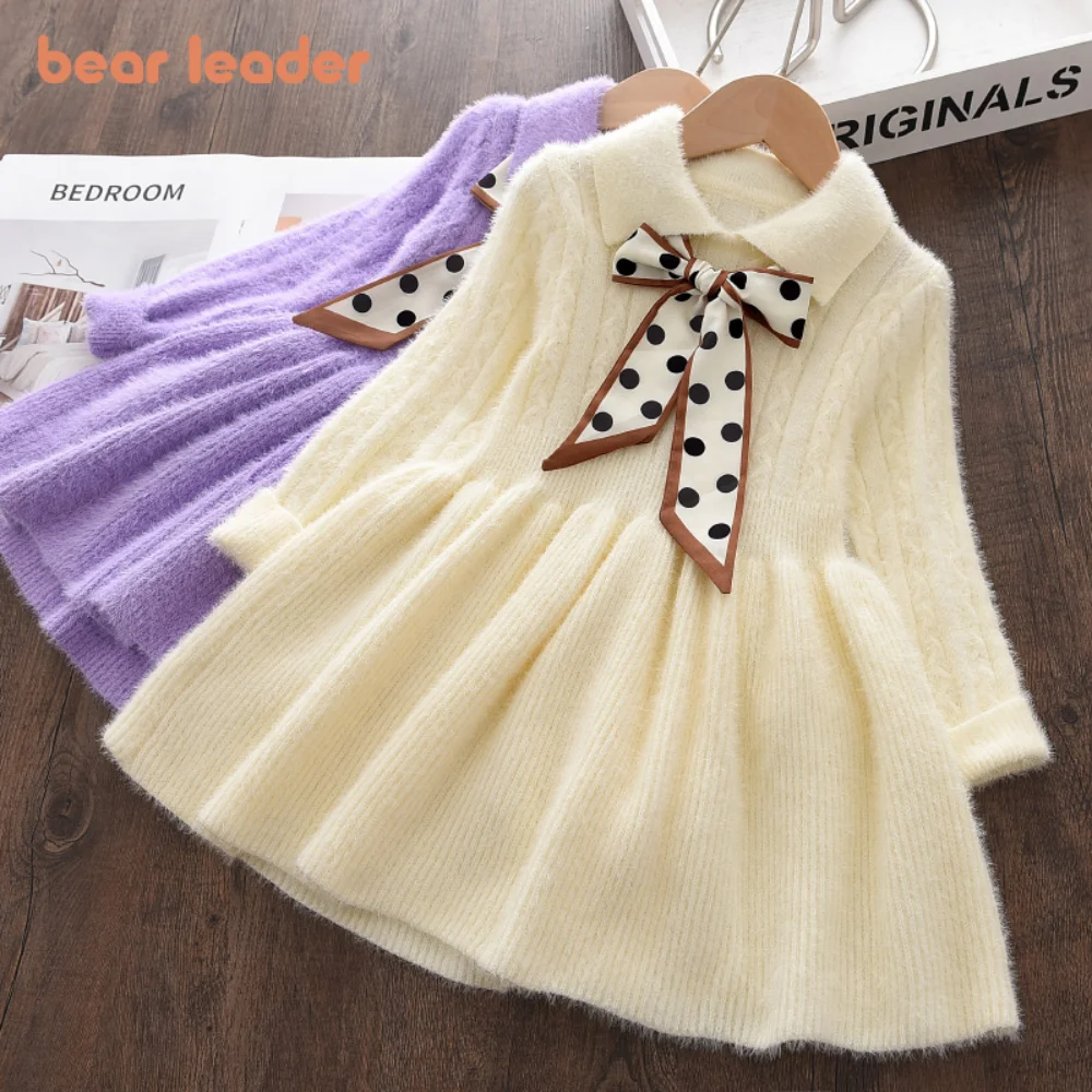 

Детская одежда Bear Leader, зимнее плотное платье-свитер с воротником, плиссированное вязаное платье с пятнистым бантом на воротнике, элегантная одежда для девочек