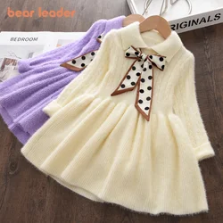 Bear Leader Children's Clothing Winter Thick Collar Sweater Dress Spotted Bow Collar Pleated Knit Dress Elegant Girls Clothes