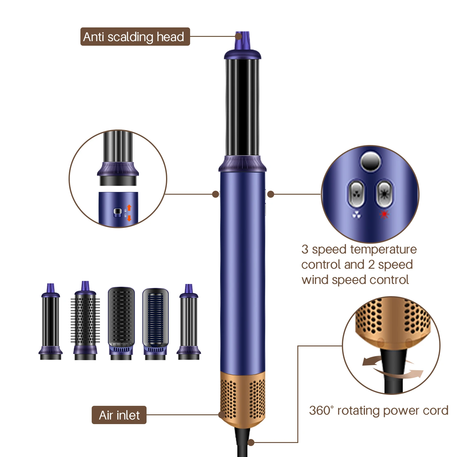 1400W 6 In 1 Aksesori Rambut Alat Pengeriting Rambut Otomatis dengan Kotak Penyimpanan Sikat Pengering Rambut Penata Penambah Volume Penghalus Rambut