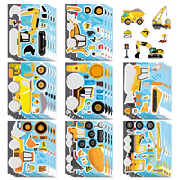 16PCS Cartoon Engineering Car Puzzle Stickers Luggage Make A Face Notebook Children Puzzle Stationery DIY Stic