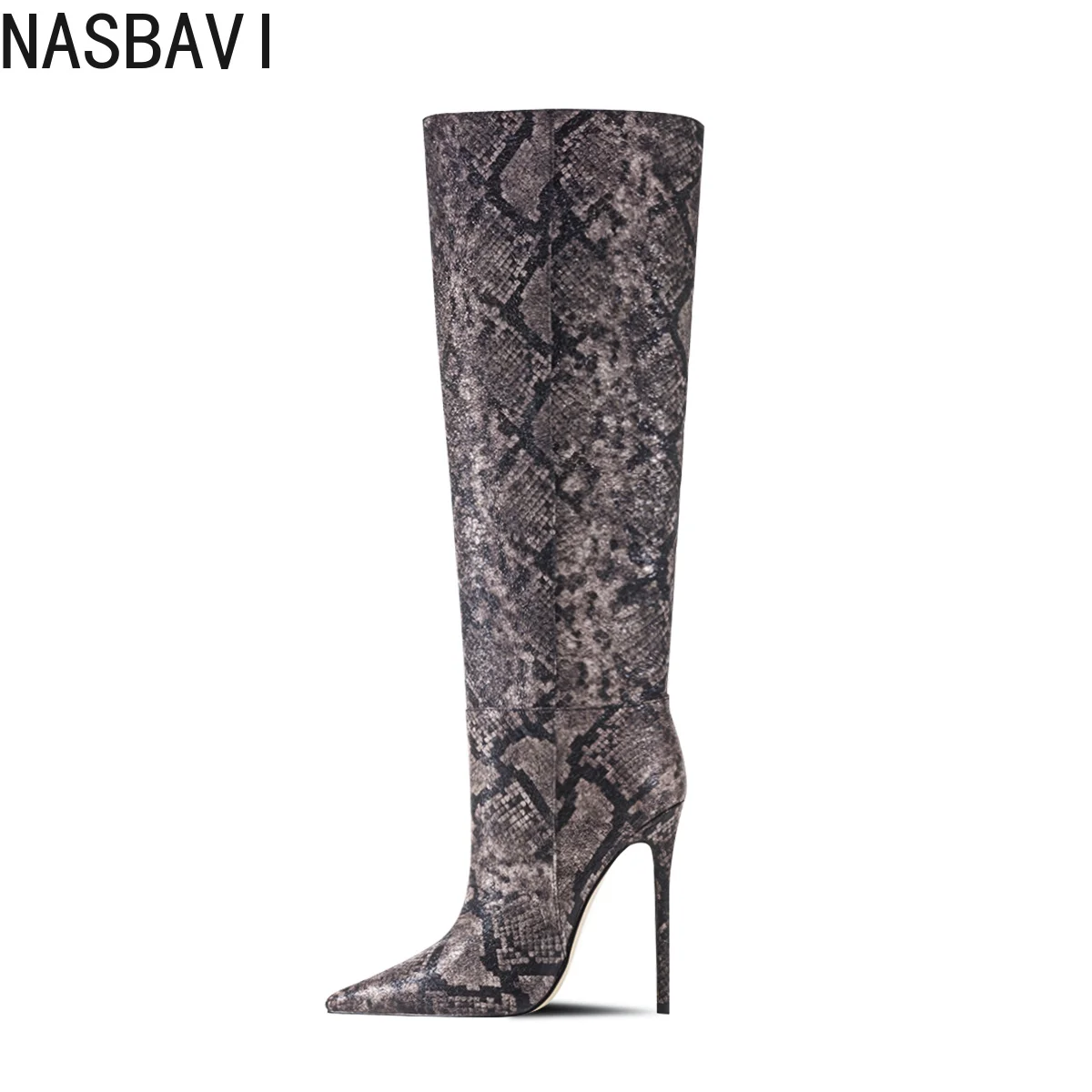 Winter Modern Knee High Boots Women Snake Print Stiletto Thin Heels Zip Pointed Toe Sexy Lady Party Work Shoe