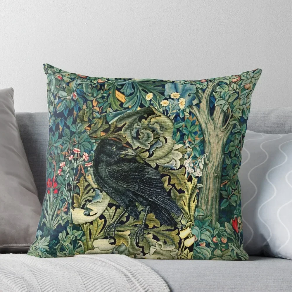 GREENERY, FOREST ANIMALS ,RAVEN ON ACANTHUS LEAVES Blue Green Floral Throw Pillow christmas supplies Pillow