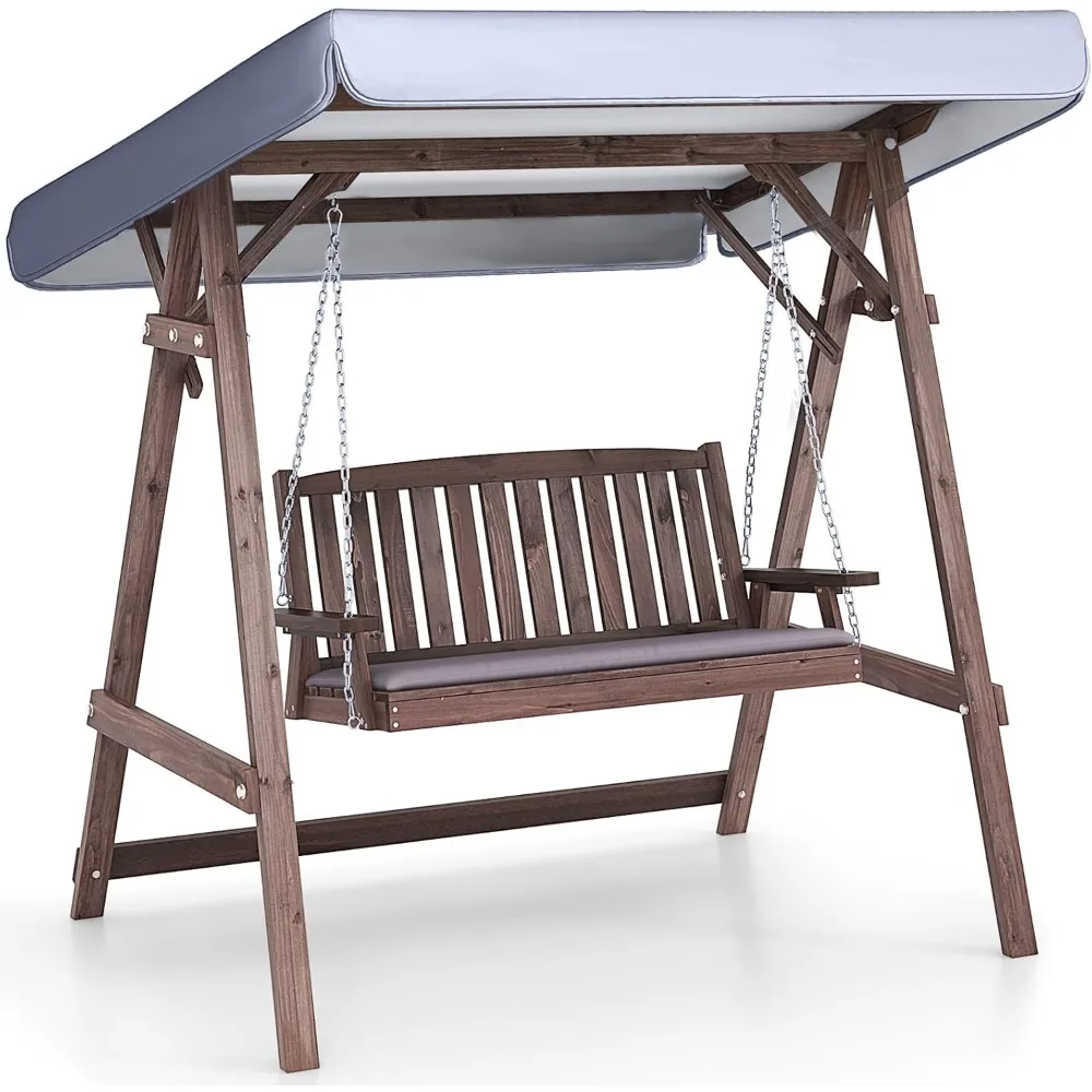 

Two-Person A-Frame Porch Swing with Cushioned Seats, Adjustable Canopy, Armrests, and Hanging Chain