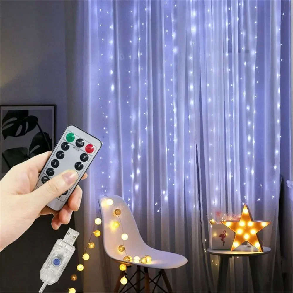 LED Garland Curtain Lights 8 Modes USB Remote Control Fairy Lights String Wedding Christmas Decor for Home Bedroom New Year Lamp