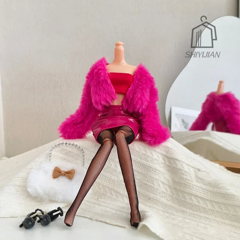 Fashion Spicy Girl Doll Outfit Set Furry Jacket Short Skirt Socks Shoes Handbag Accessories Fit BB FR FR2 Dolls