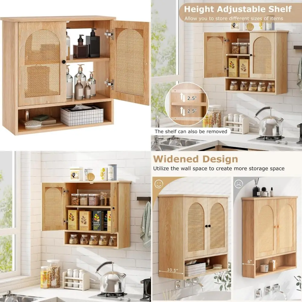 Wall-Mounted Bathroom Cabinet with Rattan-Style Doors and Adjustable Shelves for Toilet Area
