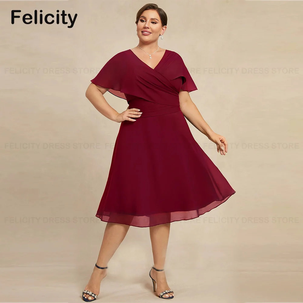 

Simple Plus Size Mother of the Bride Dresses 2023 A-line V-Neck Knee-Length Chiffon Pleat Wedding Guest Dress فستان حفلات الزفاف