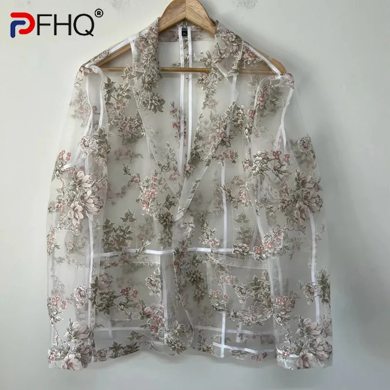 

PFHQ Elegant Fresh Printed Perspective Organza Men's Blazer Summer Layering Design Long Sleeve Male Tops Fashion 21Z5204