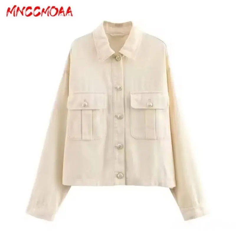 MNCCMOAA-Women's Single-Breasted Long Sleeve Pocket Shirt, Female Short Coat, Casual Loose Tops, Fashion Outwear, Autumn, 2024