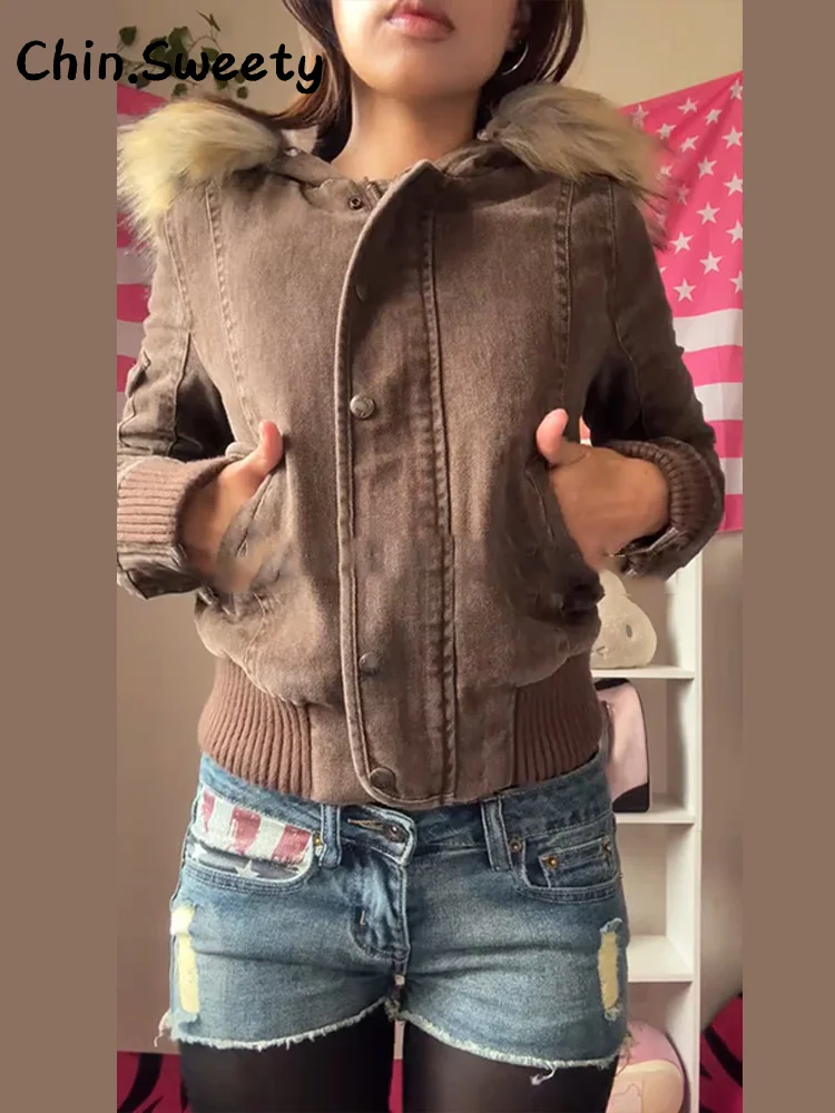 Vintage Women's Cropped Hooded Coats Fur Collar Full Sleeve Single Breasted Pocket Jacket 2025 Autumn Lady Y2K Warm Outwears New