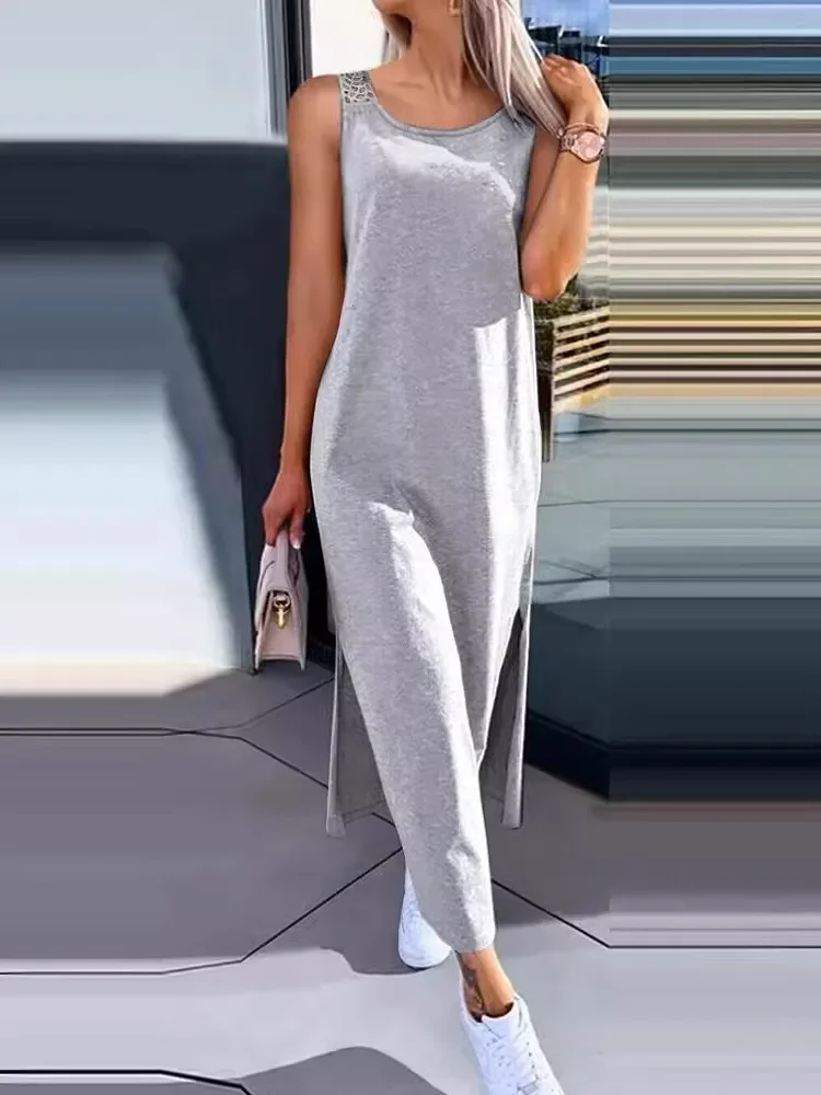 Vestido Midi sin mangas con cuello redondo para mujer, moda de verano, negro, blanco, hueco, sin espalda, con abertura lateral, informal, estilo playero