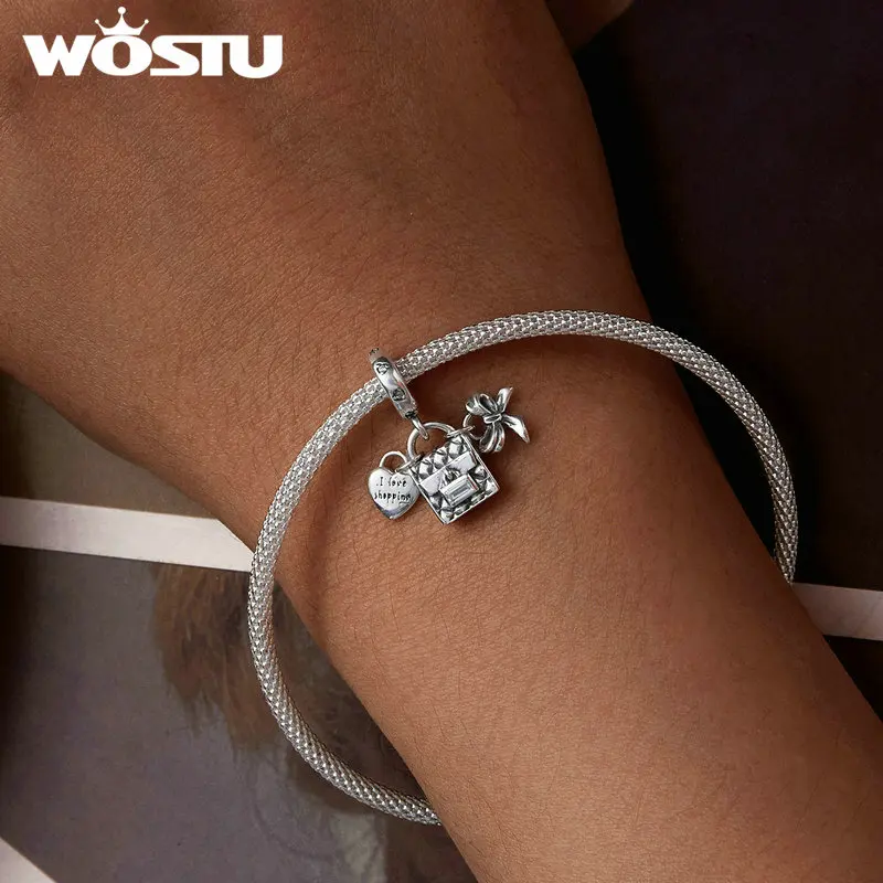 WOSTU 925 Sterling Silver Lady Love Shopping Pendant Heat Bag Charms Bead Fit Original Bracelet DIY Necklace Jewelry Making Gift