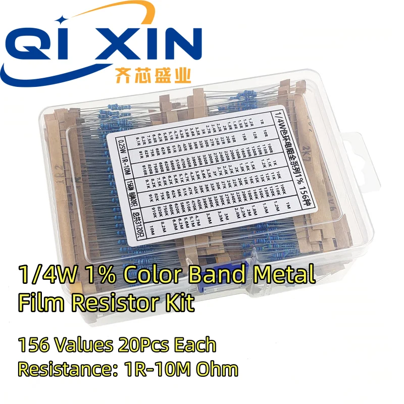 3120Pcs 1/4W 0.25W 1% Metal Film Resistor Assortment Box 156 Values 1R‑10M Ohm Color Band Resistors for Electronic DIY Repair
