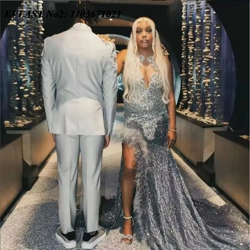 

EVLAST Customized African Silver Sequins Mermaid Prom Dress Girls High Slit Crystal Beaded Evening Gown Robe De Soiree E2P128