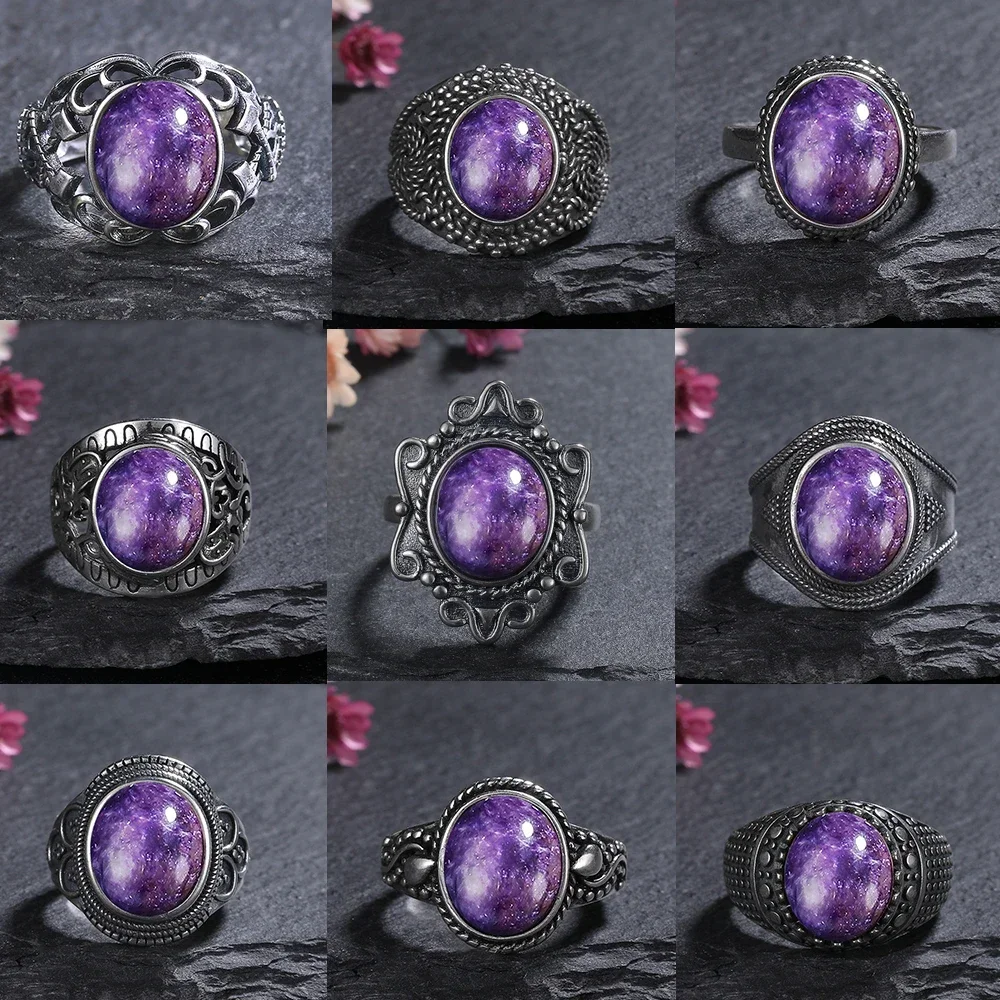 

S925 Sterling Silver Rings Big Oval Natural Charoite Bead Gemstone Rings for Women Anniversary Gift Fashion Fine Jewelry