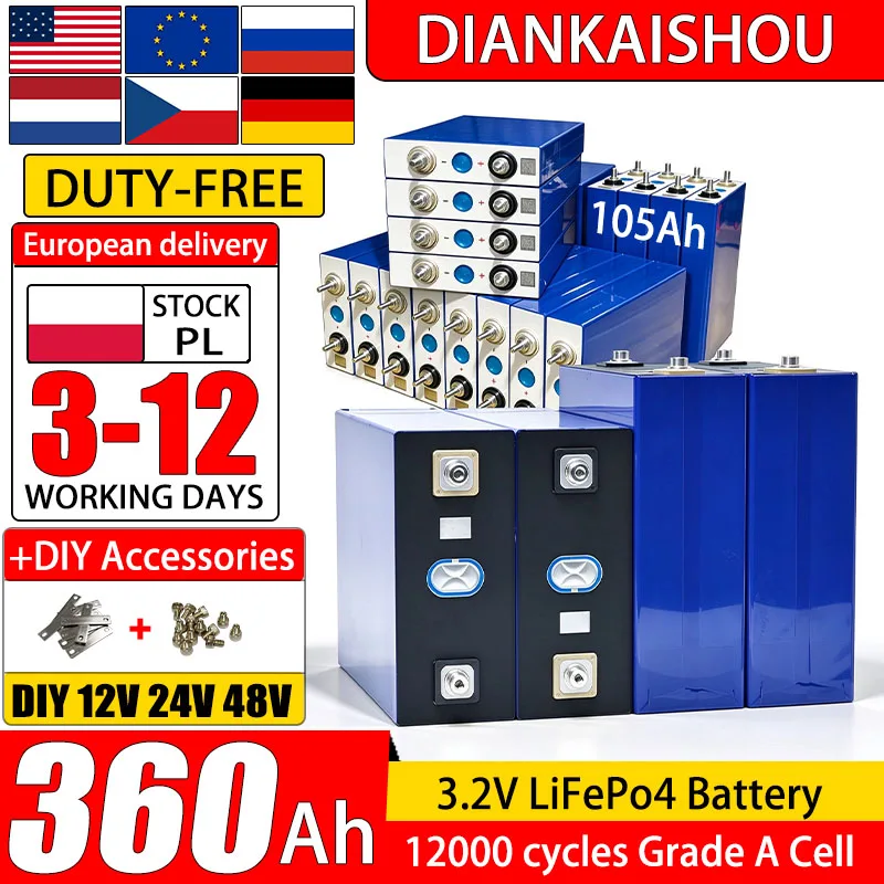 Image of EU/PL Neu auf Lager 4 Stück Grade-A-Zellen 12000 Zyklen 3,2V 360Ah 105Ah LiFePO4-Batterie DIY 12V 24V 48V Lithium-Eisenphosphat-Akku wiederaufladbar für Camping, Wohnmobil, Boot, Yacht, Golfwagen,