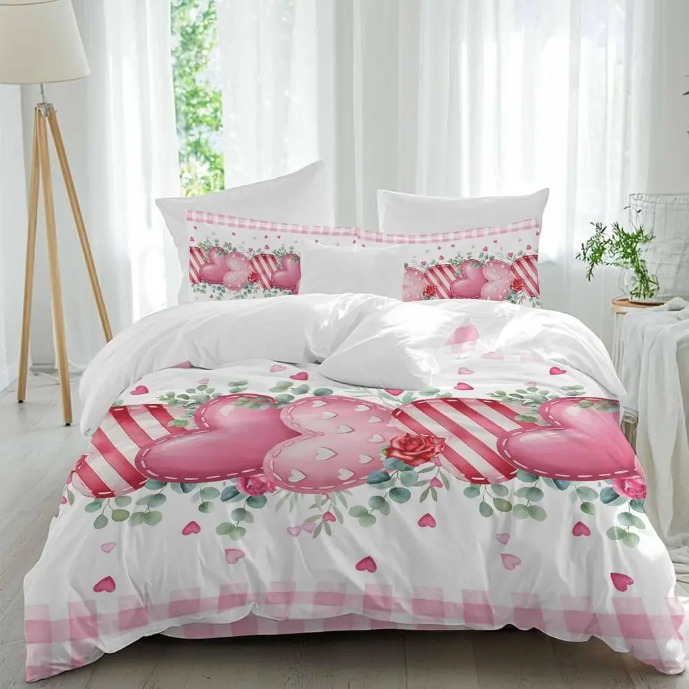 Juego de Sábanas para el Día de San Valentín, Rayas Rosas y Rojas con Corazones, Diseño Lea BuPlaid, 4 Piezas, Transpirable, Suave, Juego de Funda de Edredón, Ropa de Cama Acogedora