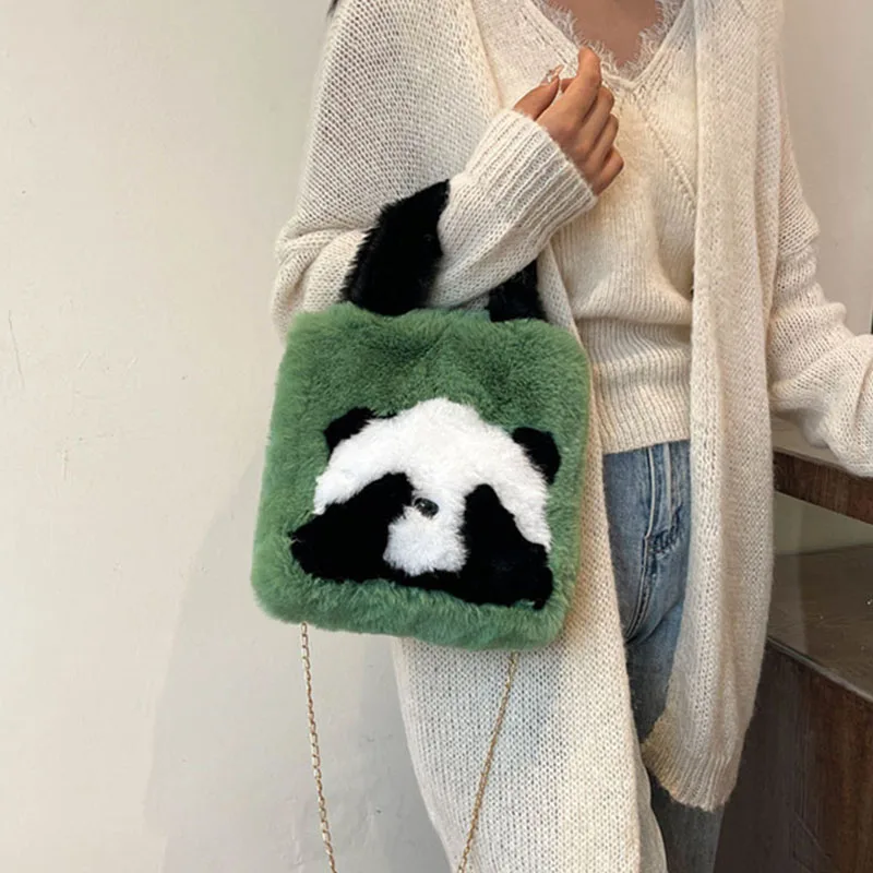 Panda Plush Bag Autumn Winter New Fluffy Shoulder Bag Soft Bucket Pack Cute Comfortable Crossbody Bags Large Capacity Handbag