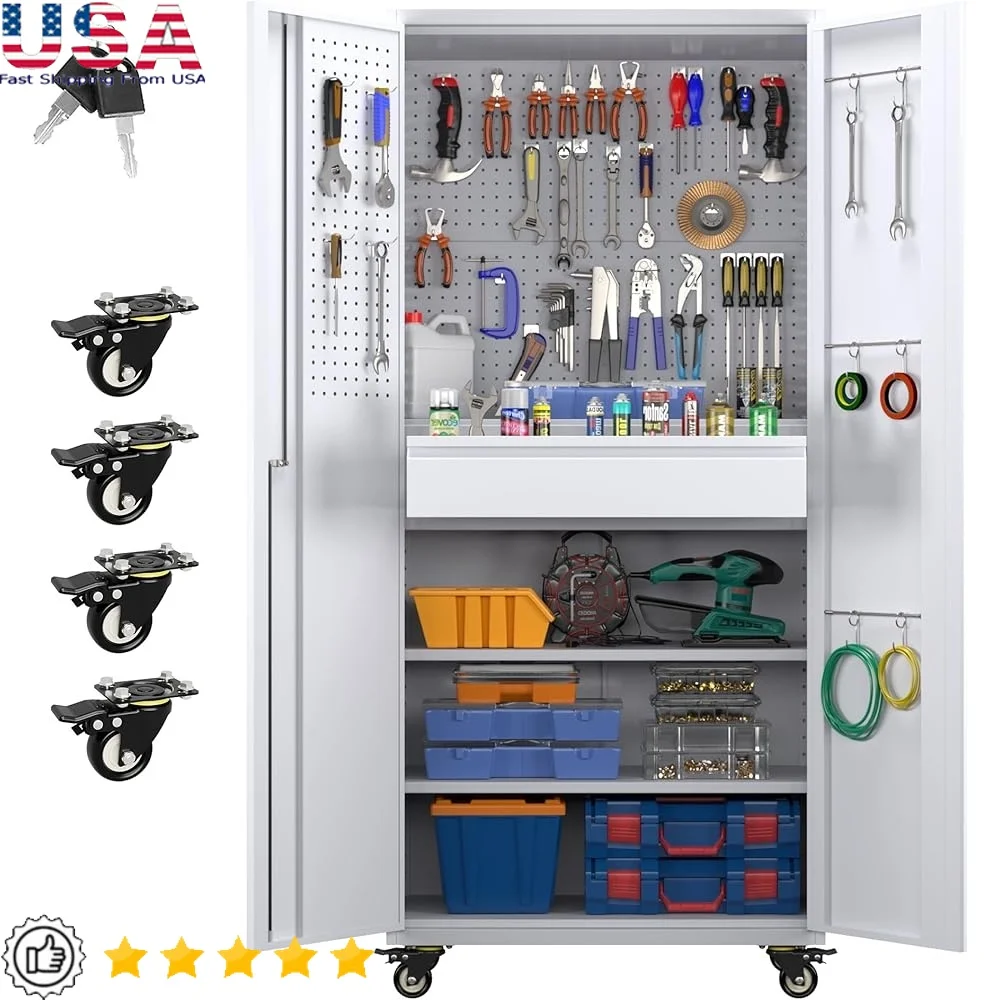 

Metal Garage Storage Cabinet Rolling Tool Organizer with Lockable Doors Adjustable Shelves Wheels Hooks Drawer Multifunctional