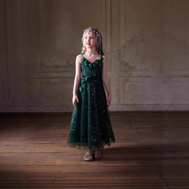 

Girls Forest Green Princess Dress Flower Girl Wedding Gown Piano Performance Children Birthday Party Host Formal Dresses Kids