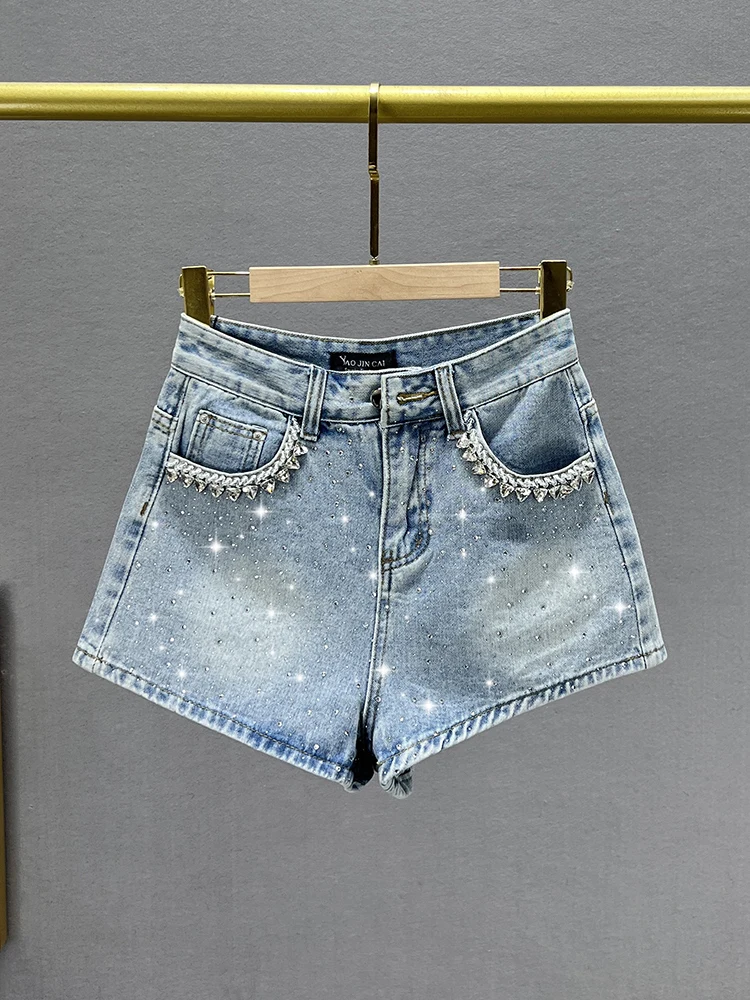 

Модные джинсовые шорты с высокой талией и стразами, женские летние модные шорты А-силуэта с широкими штанинами, европейский стиль