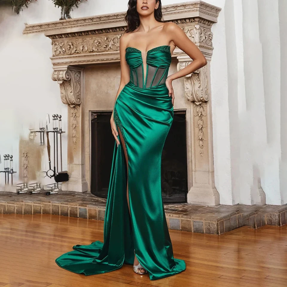 Gaun Cocktail malam Satin lembut tanpa tali seksi buatan kustom gaun putri duyung ilusi V-Neck dalam sisi tinggi Split Backless Prom partyfk