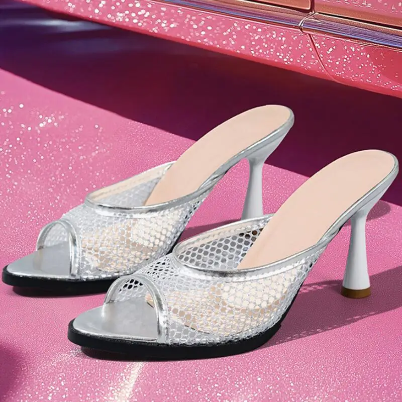 صنادل نسائية شبكة الدانتيل الصيف مثير صنادل عالية الكعب السيدات أزياء مشرق الجلود الراحة المفتوحة تو الأحذية