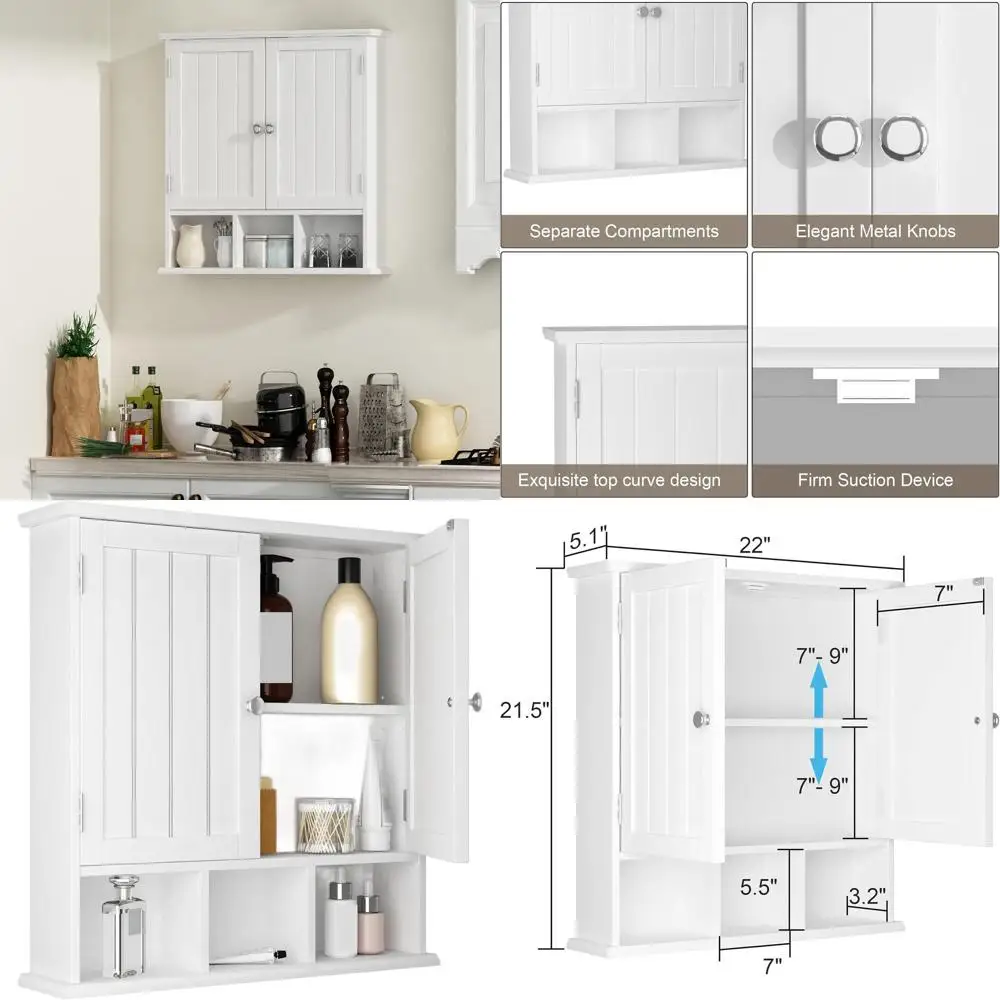 

White Wall-Mounted 2-Door Wooden Medicine Cabinet with 3 Adjustable Shelves for Bathroom and Living Room Storage